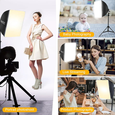 2 Pack Professional Softbox Lighting Kit 16x16 Studio Lights used in portrait, baby photography, live streaming, and product photography scenarios