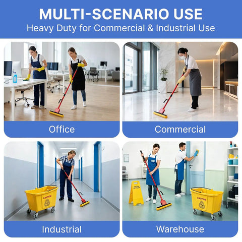 Commercial Sponge Mop With Stainless Steel Extendable Handle And Two Compressed Cellulose Heads For Heavy Duty Home And Business Cleaning used in office, commercial, industrial, and warehouse settings.