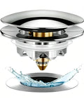 Bathtub Drain Stopper Pop Up Tub Stopper Hair Catcher with chrome finish, showcasing design and water flow.