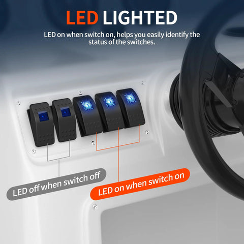 Panel with 12V Blue LED Rocker Switch Waterproof Marine Grade SPST Three Pin On Off 20A Heavy Duty, showing blue LED indicators