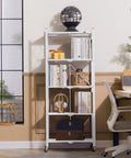 Five Shelf Folding Bookshelf With Wheels For Easy Go Anywhere Setup No Fuss Heavy Duty Freestanding Metal Wire Storage Rack For Living Room Office Kitchen Basement Pantry In White, white metal shelf with books