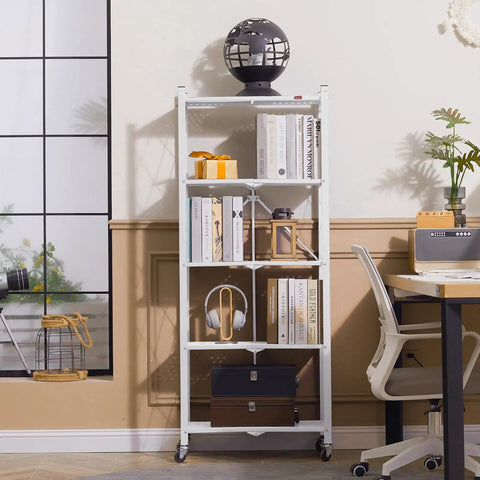 Five Shelf Folding Bookshelf With Wheels For Easy Go Anywhere Setup No Fuss Heavy Duty Freestanding Metal Wire Storage Rack For Living Room Office Kitchen Basement Pantry In White, white metal shelf with books