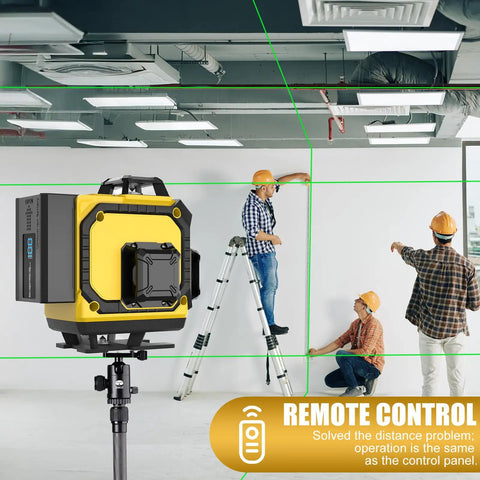Ultra Bright Green Laser Level With 1M Tripod 4x360 Degree Lines Self Leveling 16 Line 4D Green Cross For Picture Hanging DIY Friendly Indoor Outdoor Use Battery Included in use on construction site with workers.