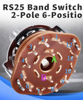 Four Pack RS25 Rotary Band Switches 2 Pole 6 Position 2P6T with knob for TV and radio, close-up of switch showing numbered positions