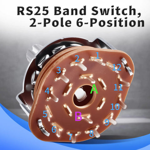 Four Pack RS25 Rotary Band Switches 2 Pole 6 Position 2P6T with knob for TV and radio, close-up of switch showing numbered positions