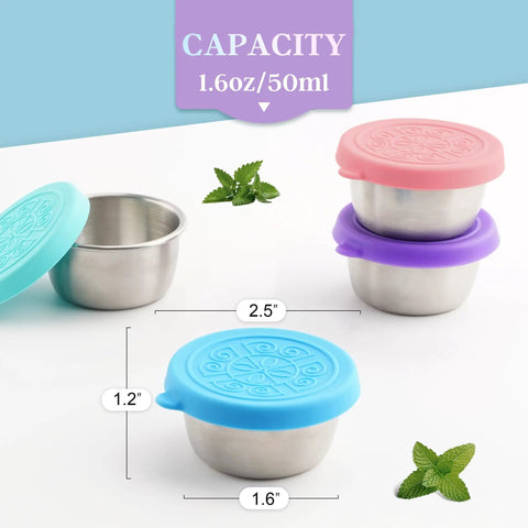 Leakproof 1.6 Ounce Stainless Steel Salad Dressing Containers With Lids On The Go, showing size and capacity details