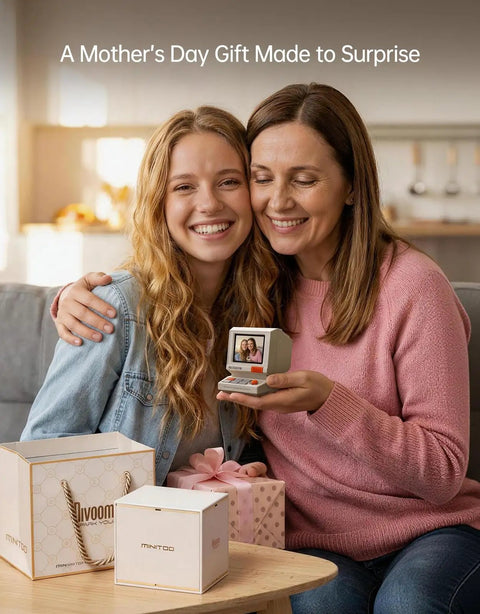 Two women smiling with a Mini Retro PC Style Speaker With Pixel Screen And DIY Faces Bluetooth And USB Audio Clock gift.