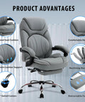 Ergonomic 400lbs Capacity Reclining Office Chair With Footrest And Back Support, Grey PU leather, highlighting features like lumbar support and headrest.