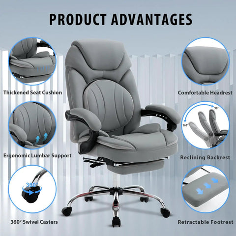 Ergonomic 400lbs Capacity Reclining Office Chair With Footrest And Back Support, Grey PU leather, highlighting features like lumbar support and headrest.