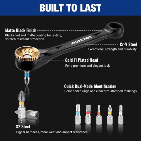 Slick 1/4 Inch Mini Ratchet Wrench Set With Magnetic Hex Bit Holder And Double Head Design, featuring gold Ti plated head.