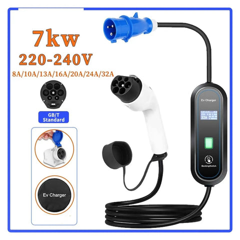 Heavy Duty Portable Ev Charger With Type Two And J1772 Adapters featuring a 7Kw output and waterproof design for travel.