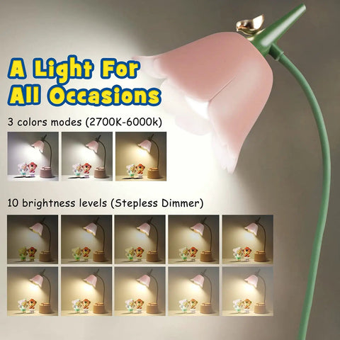 Rechargeable Kids Desk Lamp With 360 Degree Flexible Gooseneck Eye Care LED Light Touch Control Dimmer Flower Design
