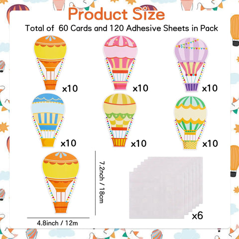60 Colorful Hot Air Balloon Paper Cutouts With 120 Glue Dots, 6 Styles, 4.8x7.2 Inch for Spring Bulletin Boards and Classroom Decor
