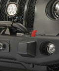Close-up of Jeep Wrangler front bumper with Red Tow Hook Cover Set For Jeep Wrangler JK JL Gladiator JT 2007 To 2026 Protect Receiver Sleeve Trim And Towing Hitch Rubber Covers 2 Pcs Exterior Accessories.