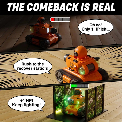Rad 2 Pack RC Battle Tanks For Kids Aged 3 To 15, 2.4GHz Remote Control tank at recover station with water mist defeat feature