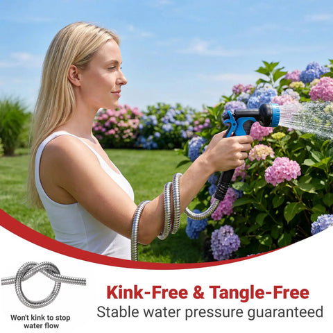 A woman using a 100 Ft Stainless Steel Garden Hose No Kinks And Leak Proof Flexible Water Hose with nozzle in a flower garden.