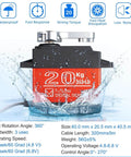 20Kg High Torque Digital Servo with Waterproof Metal Gear in water showing specifications, Miuxiei branding, and 270° travel.