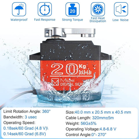 20Kg High Torque Digital Servo with Waterproof Metal Gear in water showing specifications, Miuxiei branding, and 270° travel.