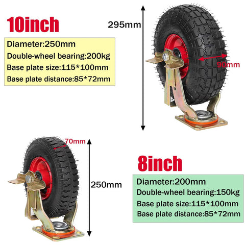 Heavy Duty Pneumatic Swivel Plate Caster With Ball Bearings And Side Brakes, 8 or 10 Inch, rubber tire, galvanized steel bracket diagram