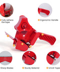 Red tape dispenser with ergonomic handle, sharp blades, and instructions for use with Packing Tape With Dispenser 2.6 Mil Thick 1.88 Inch By 55 Yard Heavy Duty Clear Box Tape For Carton Sealing Moving And Shipping Crystal Clear Adhesive Strong Hold Quick Cut Dispense No Jam Ideal For Home And Office Shipments.
