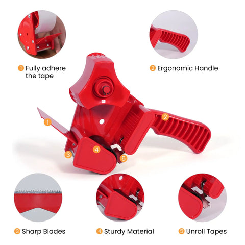 Red tape dispenser with ergonomic handle, sharp blades, and instructions for use with Packing Tape With Dispenser 2.6 Mil Thick 1.88 Inch By 55 Yard Heavy Duty Clear Box Tape For Carton Sealing Moving And Shipping Crystal Clear Adhesive Strong Hold Quick Cut Dispense No Jam Ideal For Home And Office Shipments.