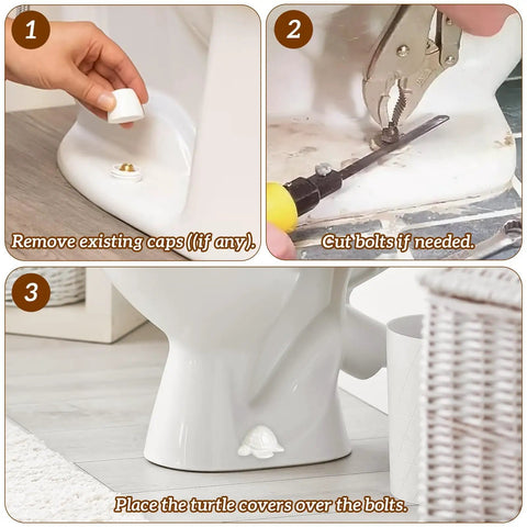 Installation steps for Whimsical Sea Turtle Ceramic Toilet Bolt Caps For Standard Toilets White Finish Decorative Coastal Decor.