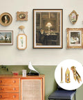 Living room with framed art and zoom-in of self drilling drywall anchors and screws kit zinc plated steel wall anchors
