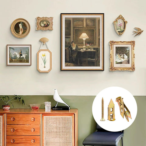 Living room with framed art and zoom-in of self drilling drywall anchors and screws kit zinc plated steel wall anchors