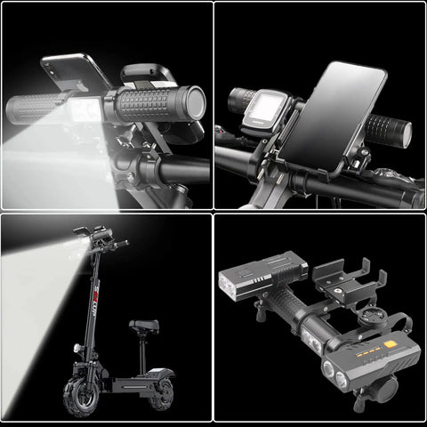 Beefed-Up 2400 Lumen Bicycle Headlight With 10000mAh Battery Pack, Handlebar Extender, Aviation Aluminum Alloy on scooter