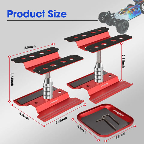 Beefy Aluminum RC Car Work Stand With 360 Degree Rotation Screw Tray, red color, dimensions and layout shown for scale compatibility.