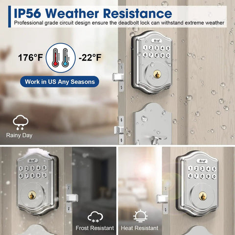 Smart Keyless Door Lock With One Click Unlock Fingerprint Access showing weather resistance features on a wooden door