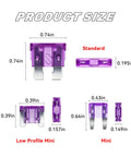 Standard and low profile mini fuses from 306 Piece Heavy Duty Car Fuses Assortment Kit showing various sizes and dimensions.