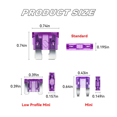 Standard and low profile mini fuses from 306 Piece Heavy Duty Car Fuses Assortment Kit showing various sizes and dimensions.