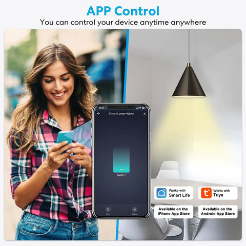 Woman using Smart WiFi Bulb Socket E26 2 Pack With Voice Control And Phone App Control in living room with app on phone