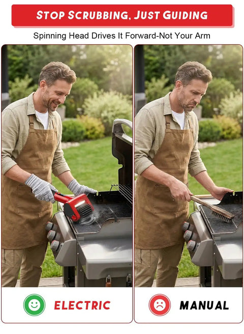 Comparison of manual grill brush and Beast 800 RPM Cordless Grill Scrubber With LED Light in use