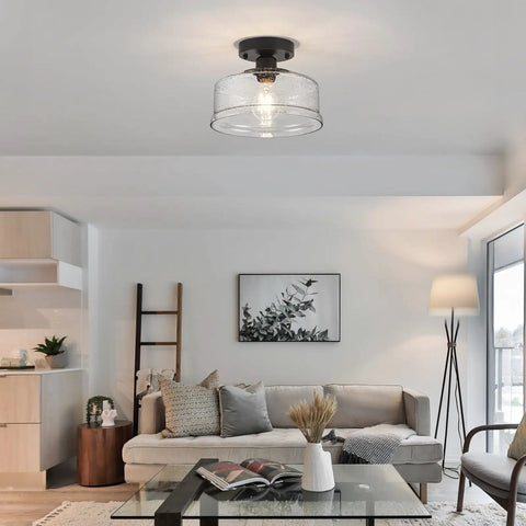 Living room with Semi Flush Mount Ceiling Light With Seeded Glass Shade In Black Finish Modern Farmhouse Style Fixture