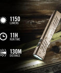 Slayer 1150 Lumen USB C Rechargeable LED Flashlight with rugged dune finish on wooden surface with water droplets