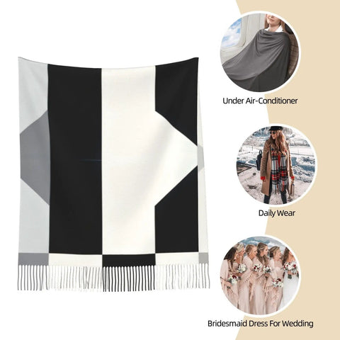 Black And White Piano Grid Long Scarf With Casual Fringe Edge Mega Comfy Winter Shawl Wrap, 77.6x28.3 inches, ideal for chilly days.