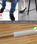 Game Changing 118 Inch Silicone Cord Cover For Walls With Strong Self Adhesive Backing protects cables, shown before and after use.
