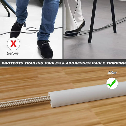 Game Changing 118 Inch Silicone Cord Cover For Walls With Strong Self Adhesive Backing protects cables, shown before and after use.