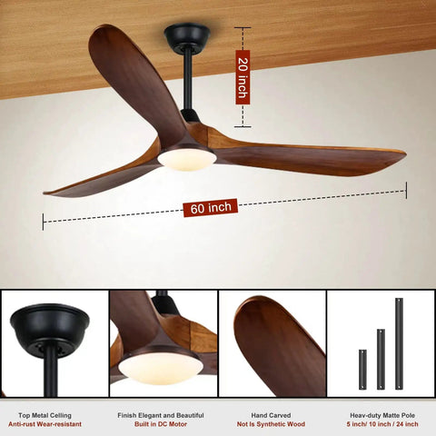 Farmhouse Outdoor Ceiling Fan With Lights, 60 Inch wood blade, damp rated, remote control, LED light for patios and porches.