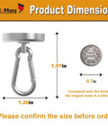 Diagram showing Heavy Duty Magnetic Carabiner Hooks With Neodymium Magnet, 80 Lbs Hold dimensions, compared to a dime.
