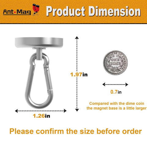Diagram showing Heavy Duty Magnetic Carabiner Hooks With Neodymium Magnet, 80 Lbs Hold dimensions, compared to a dime.