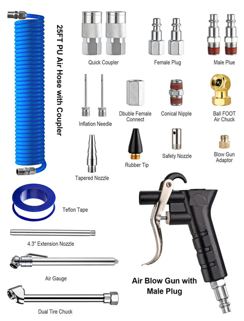 22-Packs Air Compressor Accessories Kit With 25 Foot Repairable PU Air Hose One Quarter Inch NPT Air Blow Gun Air Chuck Tire Gauge And Full Pneumatic Tool Set For Home Garage Projects displayed with components visible.