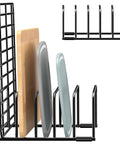 Front view of cutting board organizer and baking sheet rack, black metal, 1-pack for cabinet storage