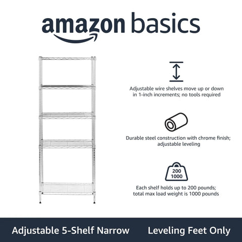 Heavy Duty Five Shelf Adjustable Storage Shelving Rack For Garage And Workshop Featuring A Rugged Steel Wire Base That Handles Two Hundred Pounds Per Tier In Slick Chrome Finish With Dog Gone Strong Build Quality That Truly Gets The Job Done
