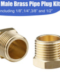 Close-up of two NPT male brass pipe plugs from Brass Hex Pipe Plug Fittings Kit 24 Piece Set for connecting metal pipes in plumbing repairs.