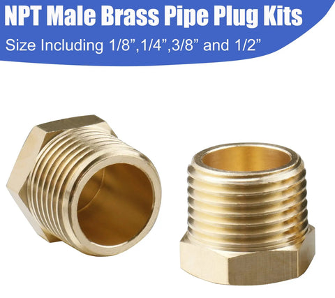 Close-up of two NPT male brass pipe plugs from Brass Hex Pipe Plug Fittings Kit 24 Piece Set for connecting metal pipes in plumbing repairs.