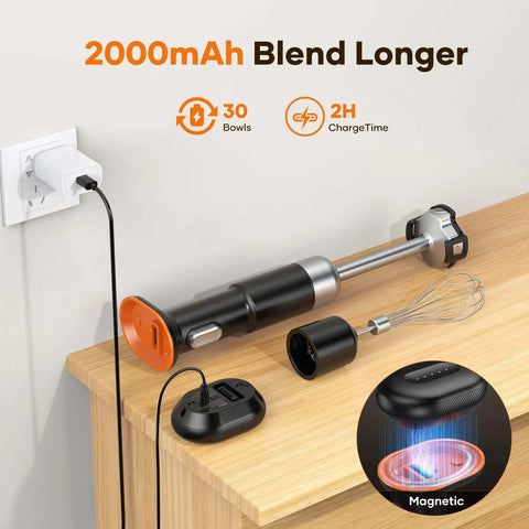 Cordless Immersion Blender With Removable 6000mAh Battery And Magnetic Fast Charging charging station on wooden countertop.