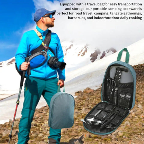 Outdoor Camping Kitchen Utensil Set 10 Piece Stainless Steel Cooking And Grilling Utensils With Travel Organizer in mountains